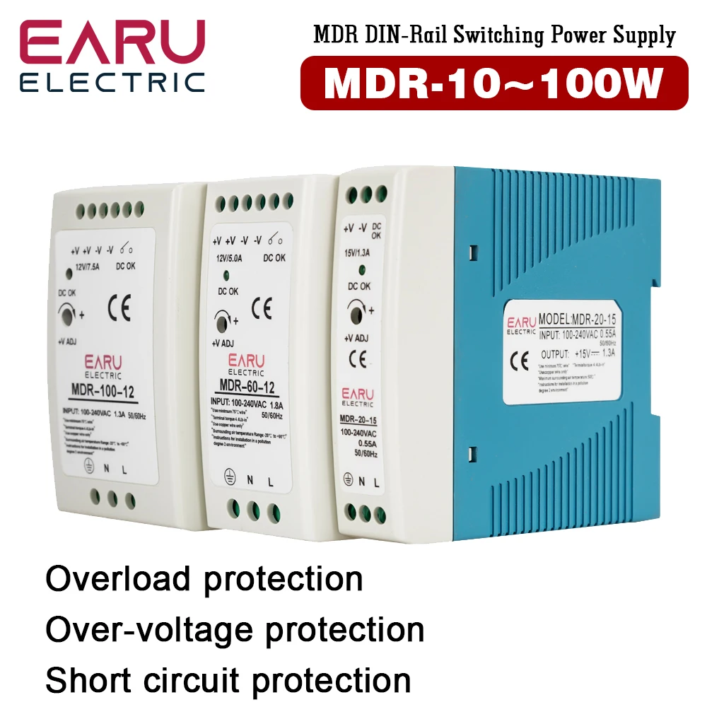 MDR-10W 20W 40W 60W 100W AC100-240V Input Mini Din Rail Switch Power Supply Voltage Transformer DC 5V 12V 15V 24V 36V 48V Output