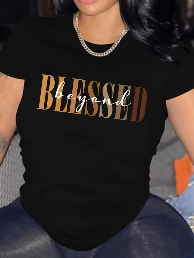 Popular cross-border hot sale cotton printed T-shirt, BLESSED, casual custom loose T-shirt CT0008