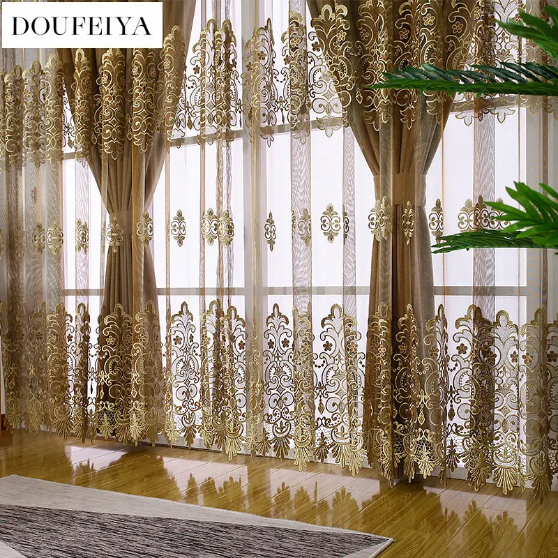 

European luxury embossed water-soluble embroidery living room bedroom floor-to-ceiling curtains