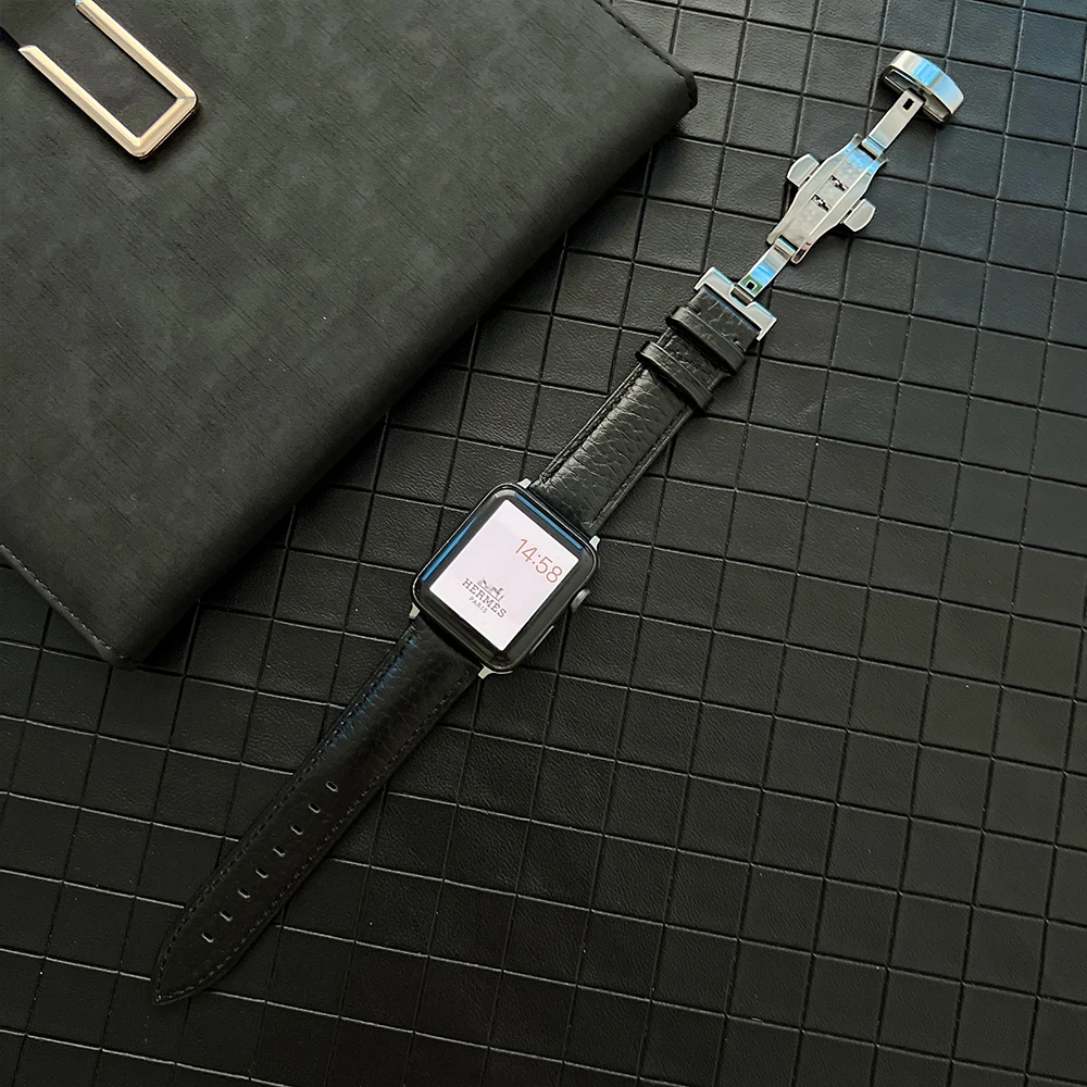 Premium Leather Strap for Apple Watch Band 49mm 45mm 41mm 44mm 40mm 42mm Butterfly Buckle Bracelet for iWatch 8 Ultra 7 6 5 4 SE