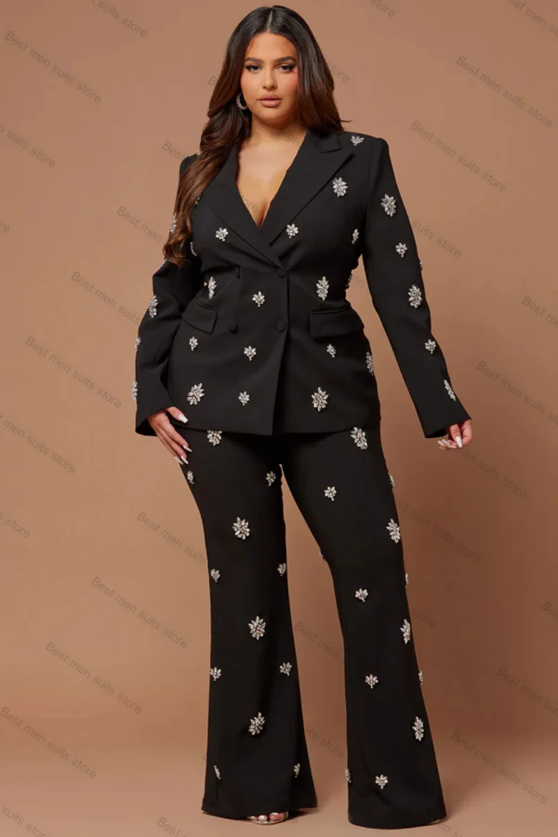 

Crystals Black Women Suit Pants Set 2 Piece Blazer+Trouser Customized Formal Office Lady Cotton Jacket Wedding Tuxedo Prom Coat