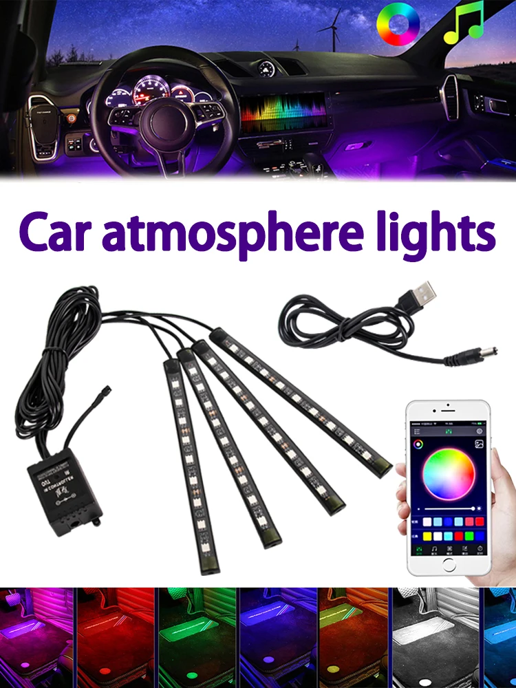 Samochodowe podświetlenie LED RGB, listwy oświetleniowe pod nogi z USB, samochodowe oświetlenie wnętrza, listwa dekoracyjna z kontrolą. — 2
