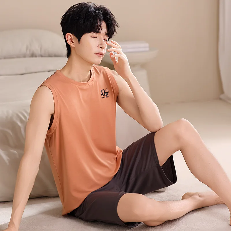 

Pajamas Male Teen Summer Modal Cool Sleeveless Shorts Simple High School Student Loungewear Set pijama hombre Dropship