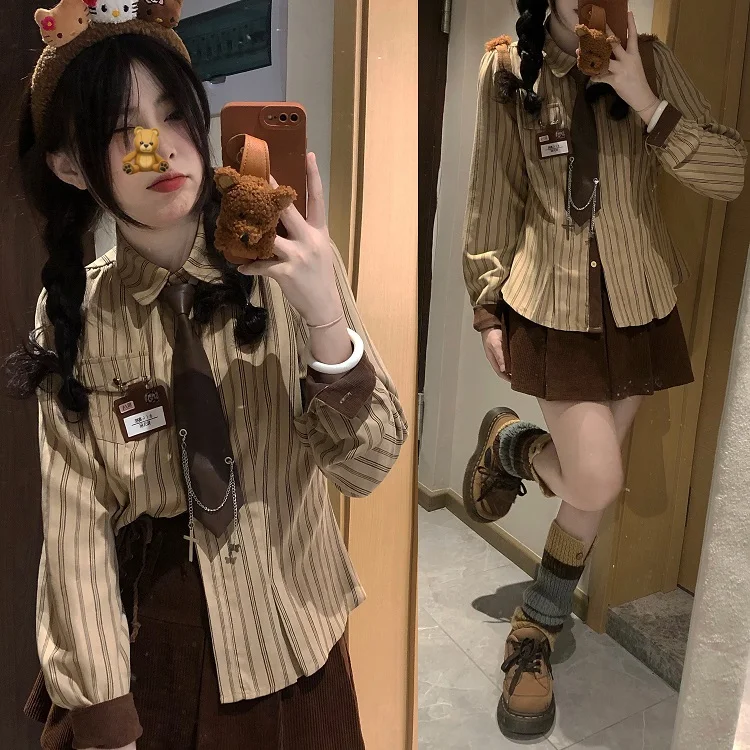 

ALITTLE My School Sle Striped Corduroy Color Blo irt Tie Chest Bae Long Sve Collar Regular Fit Stripe Pattern