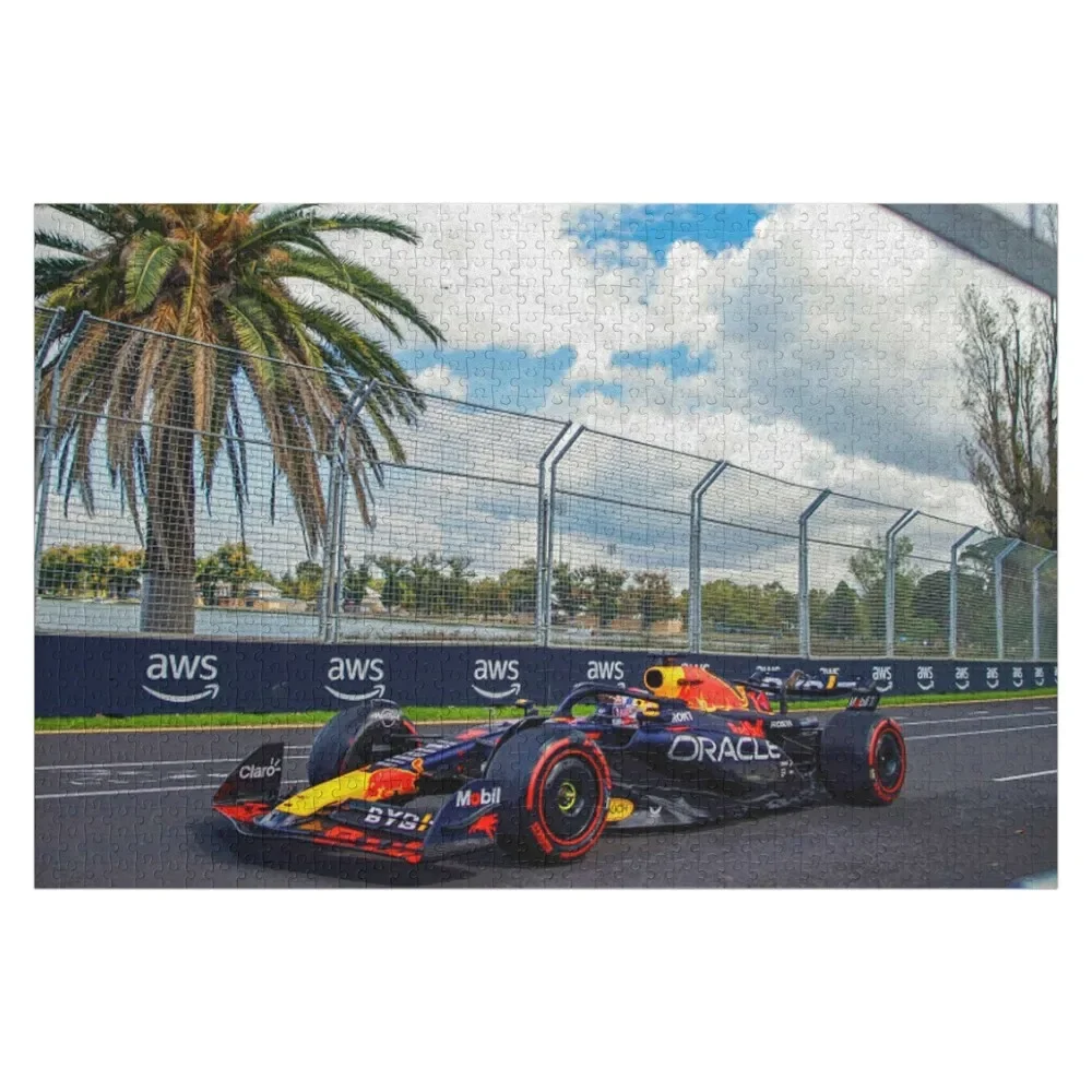 

The 2022 F1 World Drivers Champion racing under the palm trees in Miami in his 2023 F1 racecar Jigsaw Puzzle Custom Puzzle