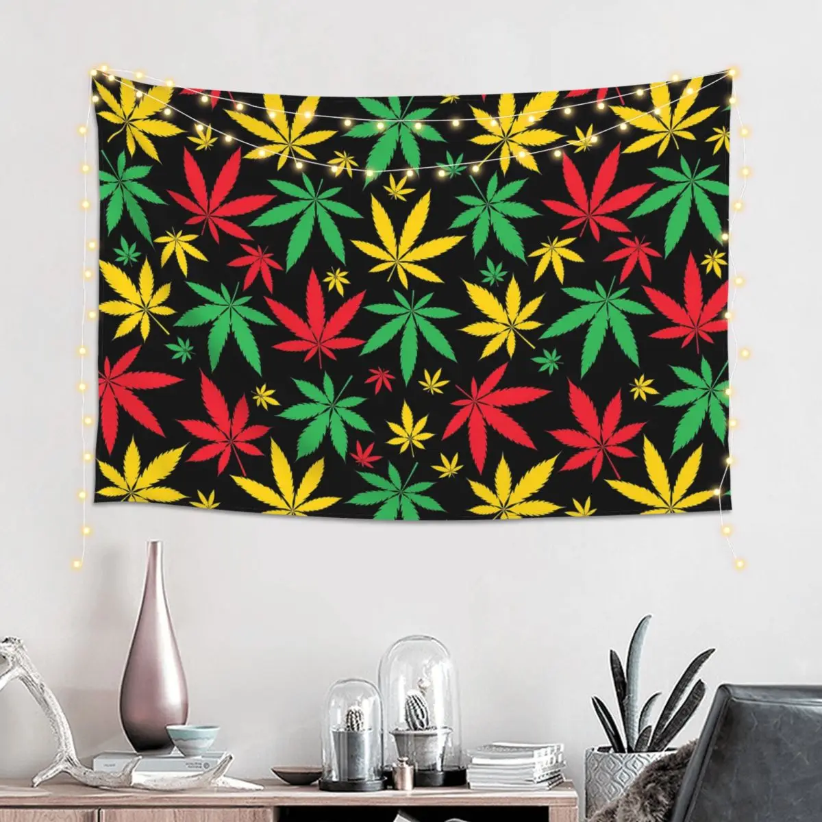 Rasta Flag Colors Leaf Cannabis Marijuana Weed Tapestry Art Wall Hanging Aesthetic Home Decor Tapestries for Bedroom Dorm Room