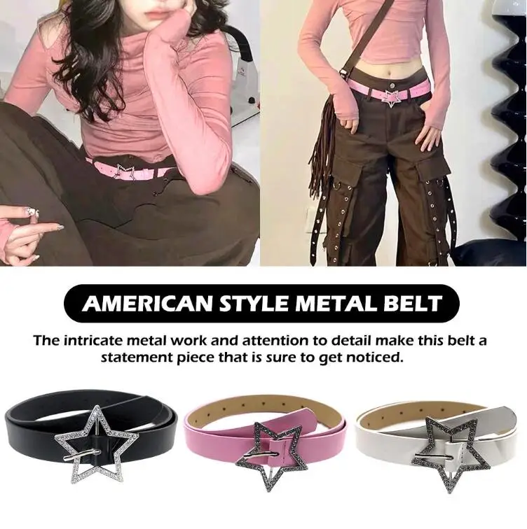 Y2K Spicy Girl PU Leather Belt Metal Fashion Buckle Five-point Star Full Drill Waistband Women Versatile Jeans Belts Decoration