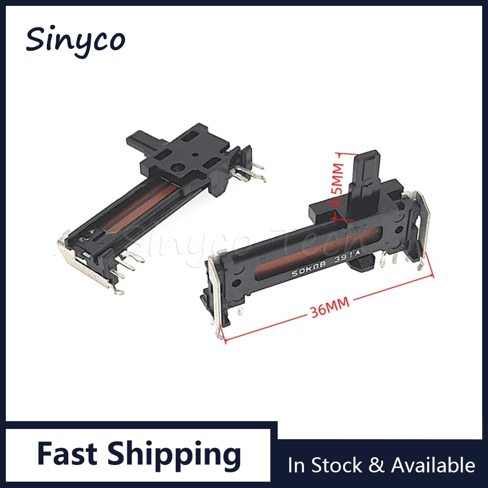 1PCS Total Length 36MM Plastic Straight Slide Potentiometer B50K Double 6Pins Handle Length 9.5MM