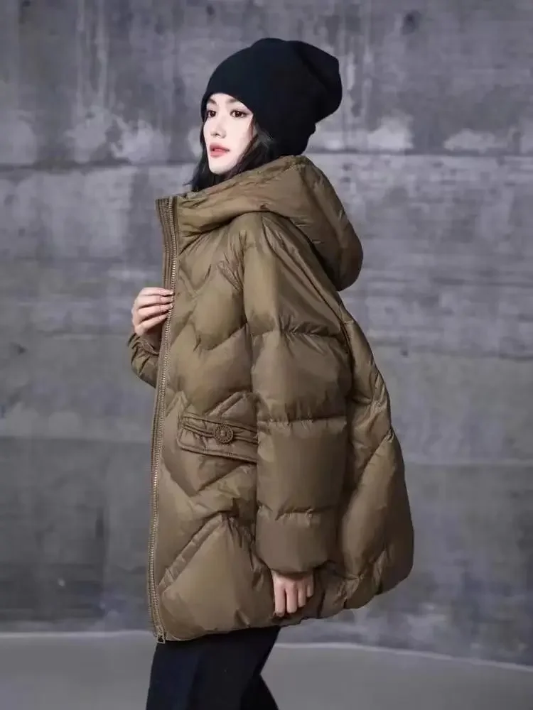 Winter New Women\'s Oversized Down Jacket Solid Color Warm Hooded White Duck Down Jacket