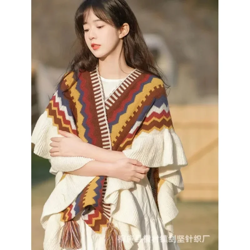 Women Autumn Winter Bohemian Faux Cashmere Ethnic Style Long Thick Poncho Shawl Female Big Pendulum Loose Cloak Coat MN12