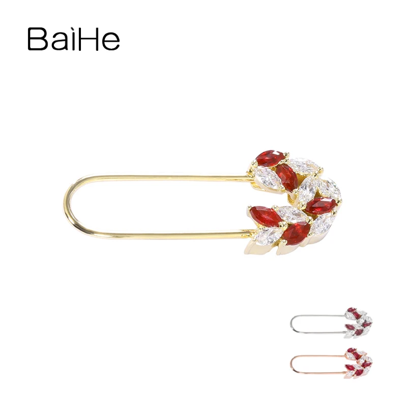 

BAIHE Genuine Solid 14K Yellow Gold Natural Ruby Diamonds Wedding Trendy Fine Jewelry Ruby Brooch Girl Women Man Birthday Gift