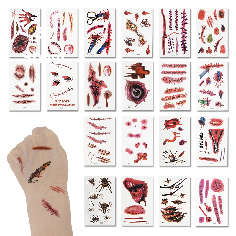 30Pcs Realistic Halloween Tattoo Stickers Simulation Bloodstain Horror Scar Sticker For Costume Party Prop Halloween Decoration