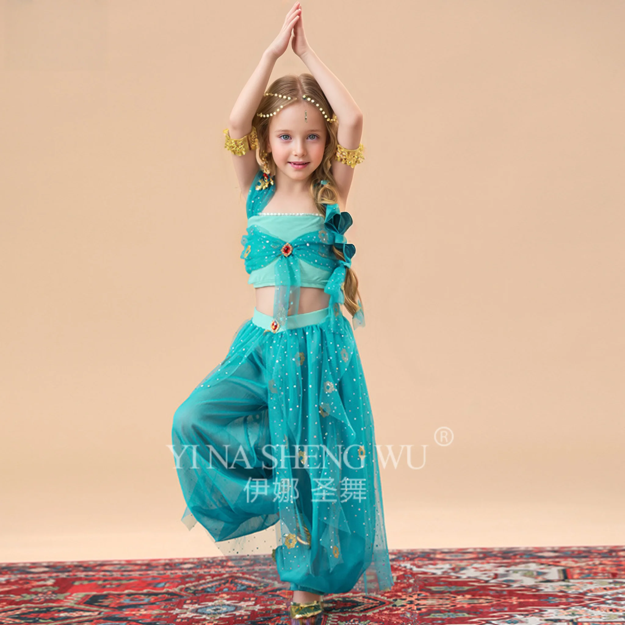 Girl's Indian Sari Princess Belly Dance Costume Set Kid Party Stage Performance Arabic Bollywood Dancewear Halloween Fantasy Sui