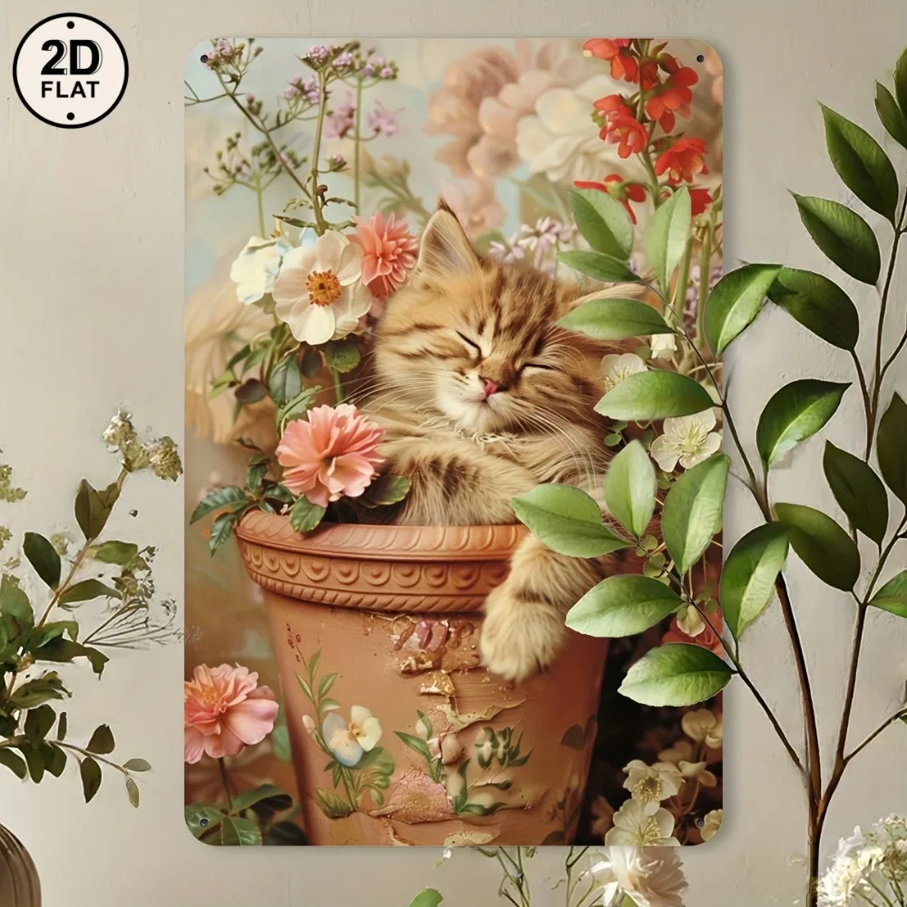 Letrero metálico vintage con diseño de gato y maceta, de hierro, 8x12 pulgadas, decoración retro de pared para el hogar, bar, cafetería, gimnasio