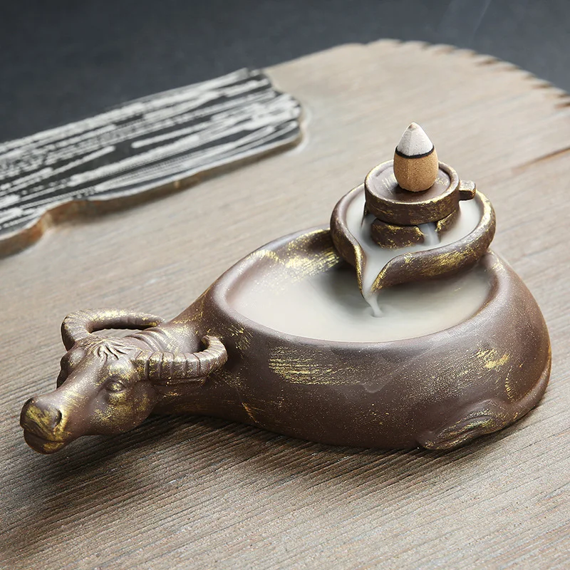 Incense Waterfall Burner, Ceramic Cow Backflow Holder Insent Smoke Fountain Handcrafted Porcelain Censer with 20 Cones