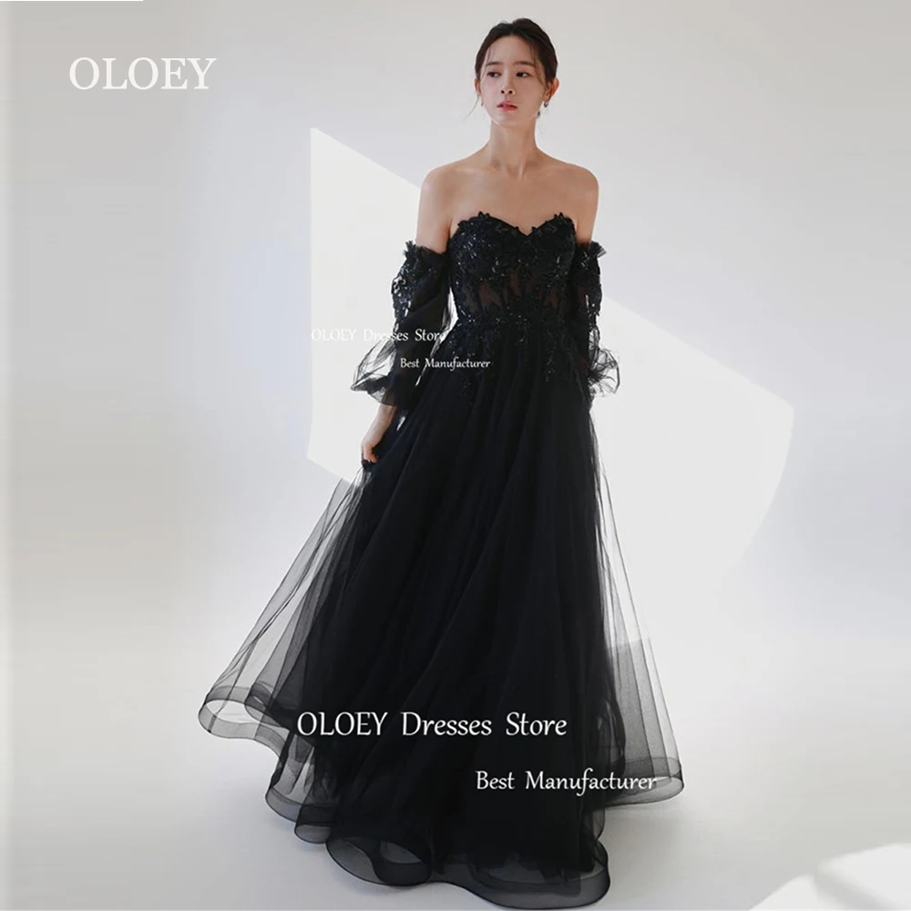 

OLOEY Exquisite Black Appliques Korea Wedding Dress With Detachable Sleeves Sweetheart Bridal Gown Floor Length Zip Back A Line