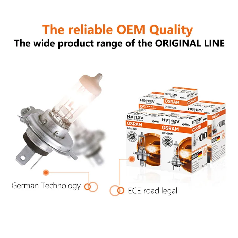 OSRAM-bombillas halógenas para coche, lámpara Original de 3200K, 10 piezas, H4, H7, H11, HB3, HB4, H8, H9, H16, 9005, 9006, fabricadas en Alemania,