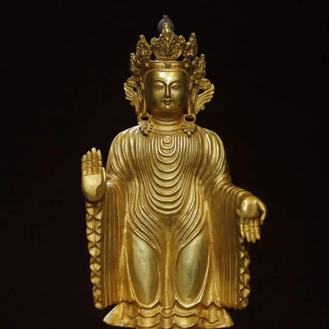 Northern Wei Sandalwood Buddha Statue Pure Brass Gold Plated Vintage Home Altar Desk Decor