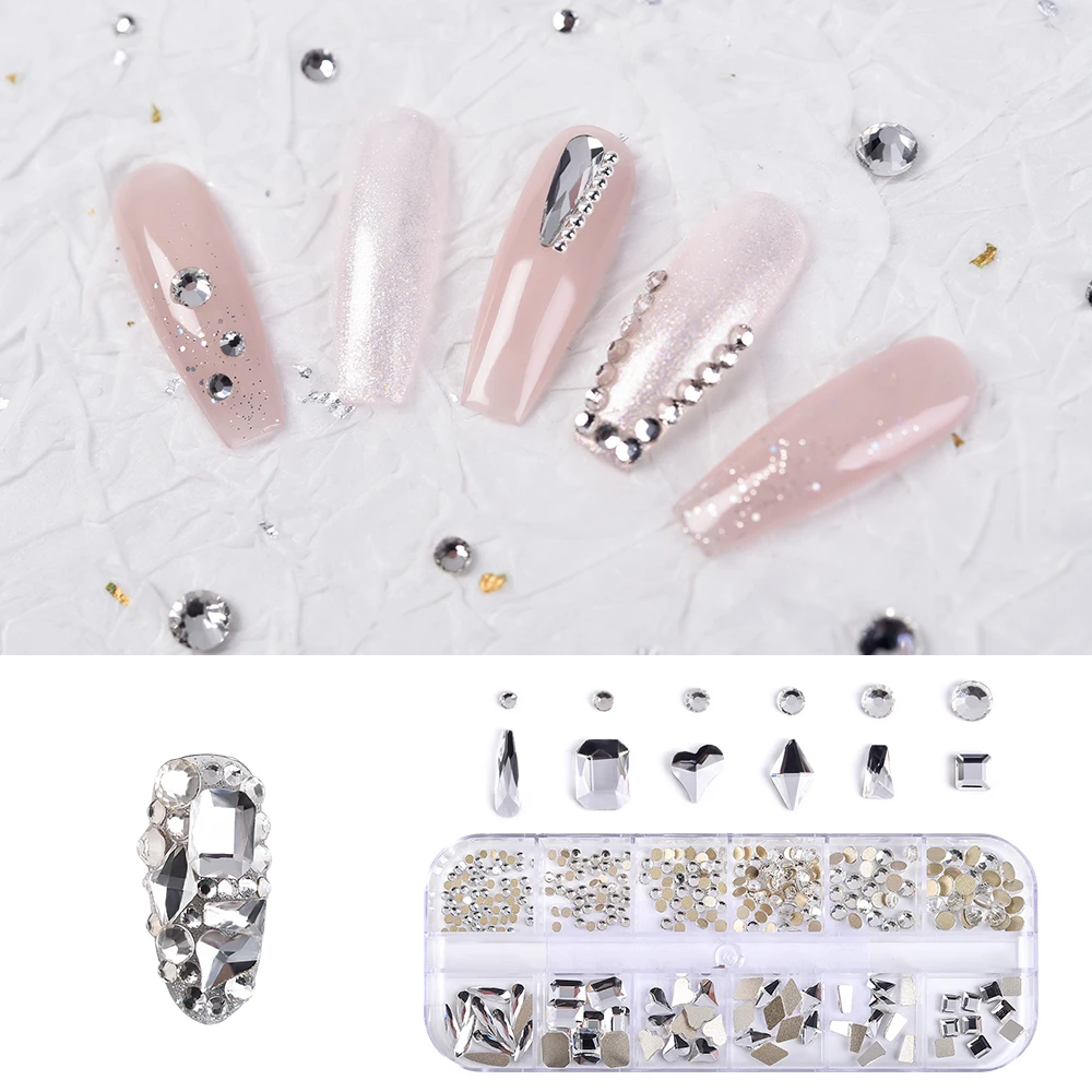 12 Girds Crystal Nail Art Rhinestones Diamond Gems Multi Size Colorful AB Flat Back Nail Art Decorations Press Accessories Tool