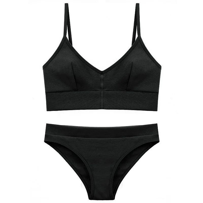 European American Fashion Sexy Spice Girl Solid Color Bra Suit Women's Thin Shoulder Strap Suspender Top Briefs Two-piece Suit