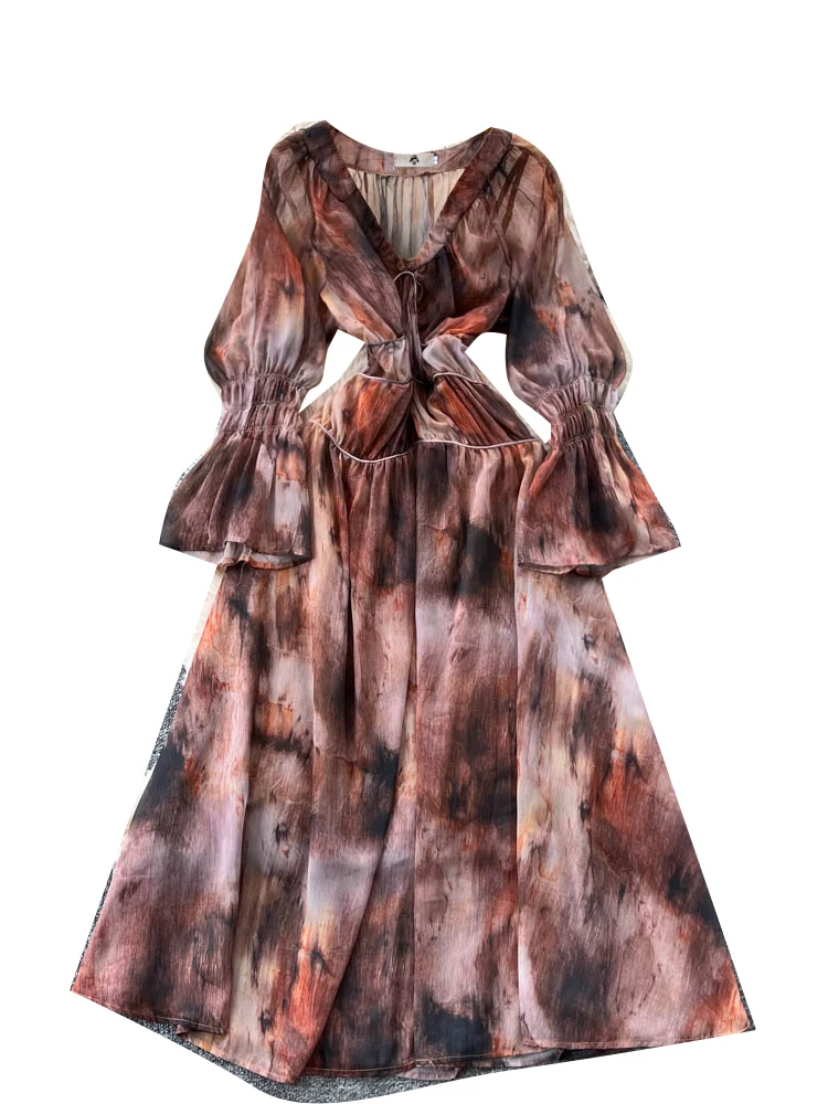 Ele V-ne Bell Sve Tie Dye Print Dr Women's High Waist A-line Skirt Summer Faion Gentle Sle Long Sve Dr