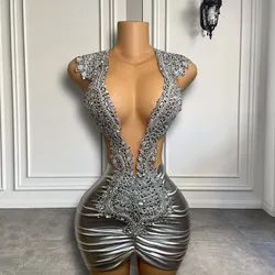 Sparkly Sheer O-neck Women Birthday Party Gowns Silver Luxury Beaded Black Girls Short Mini Prom Dresses 2026