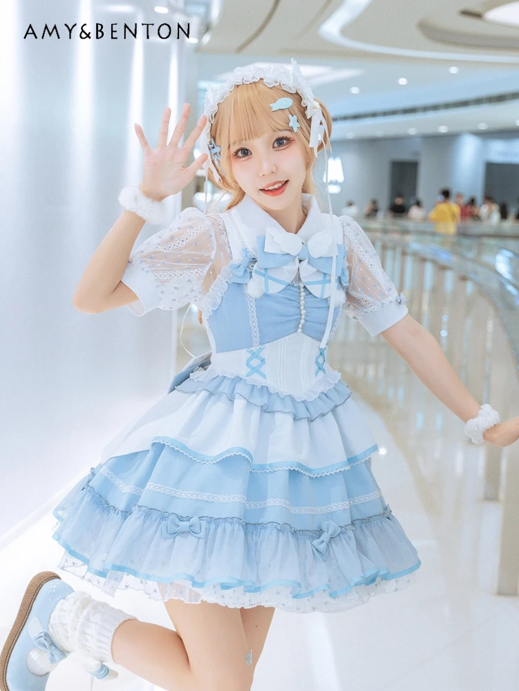 Water Color World Snuggling Mine Double Lolita Dress for Women Summer Sweet Kawaii Bow Color Matching Slim Ball Gown Dresses