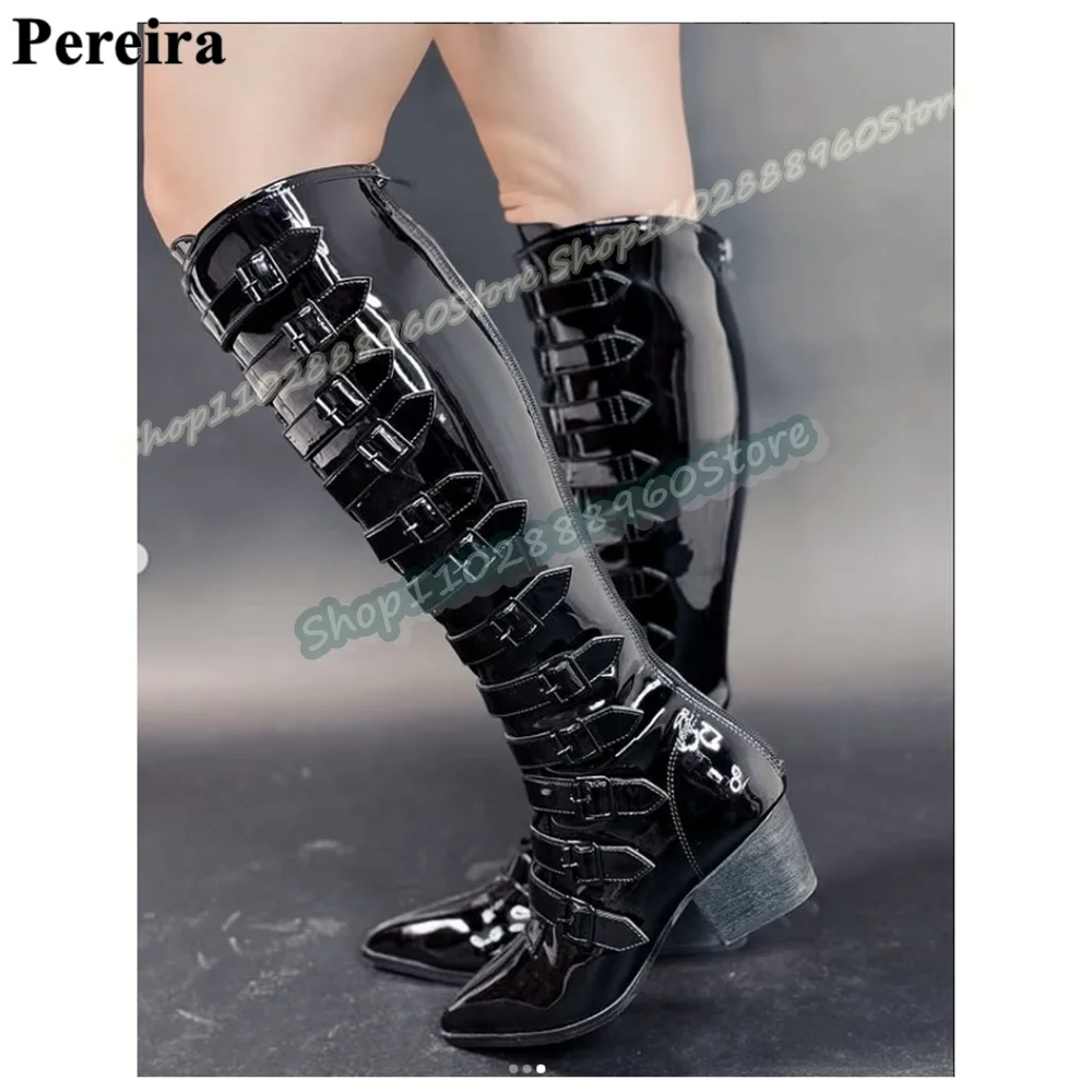 

Knee High Black Buckle Strap Patent Leather Boots Thick Heel Shoes For Women Back Zipper Pointed Toe Casual Stylish Women Boots