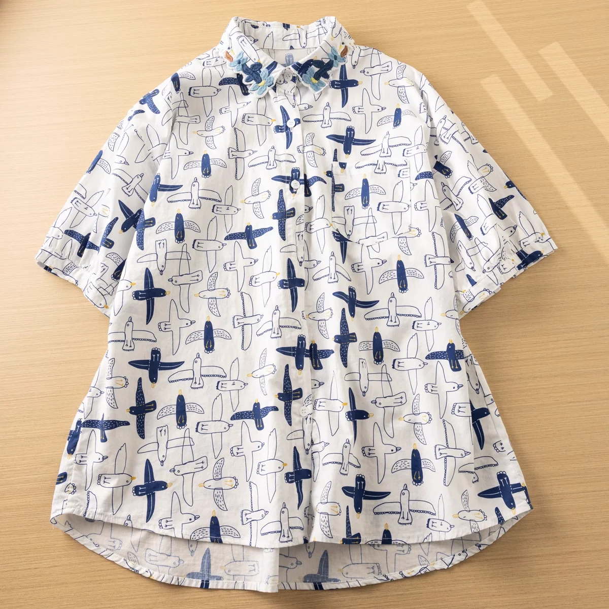 Japan Harajuku Fashion Cartoon Birds Print Cotton Blue Short Sleeve Blouse Women Summer Original Design Embroidery Shirts