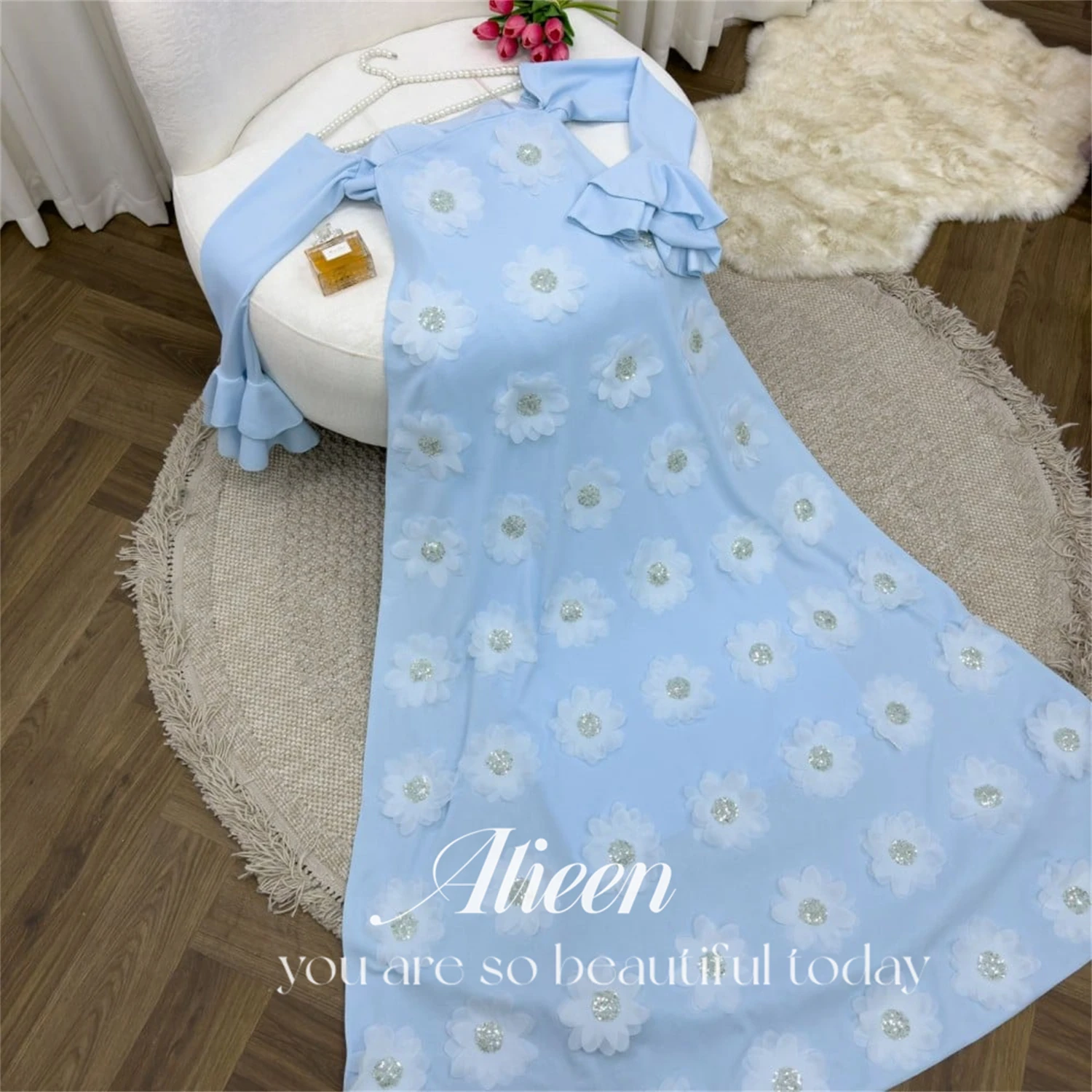 Aileen Eid Dress Sky Blue 3D Flowers Shawl Long Luxury Evening Dresses Party Women Women\'s Suitable Request Formal Wedding Bride