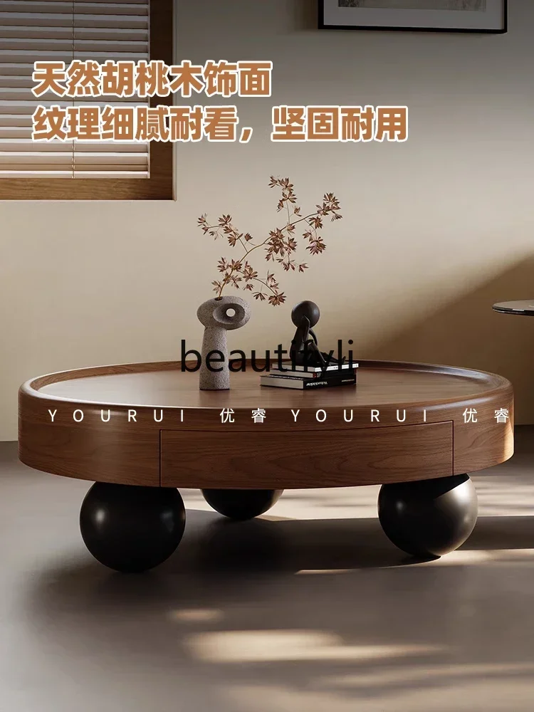 

xx1Medieval walnut leather solid wood round coffee table living room home light luxury high-end sense, sofa side table