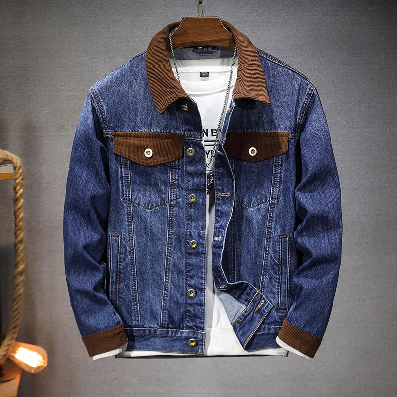 2024 autumn and winter new products Men's blue washed denim jacket Men's stand collar corduroy patchwork jacket