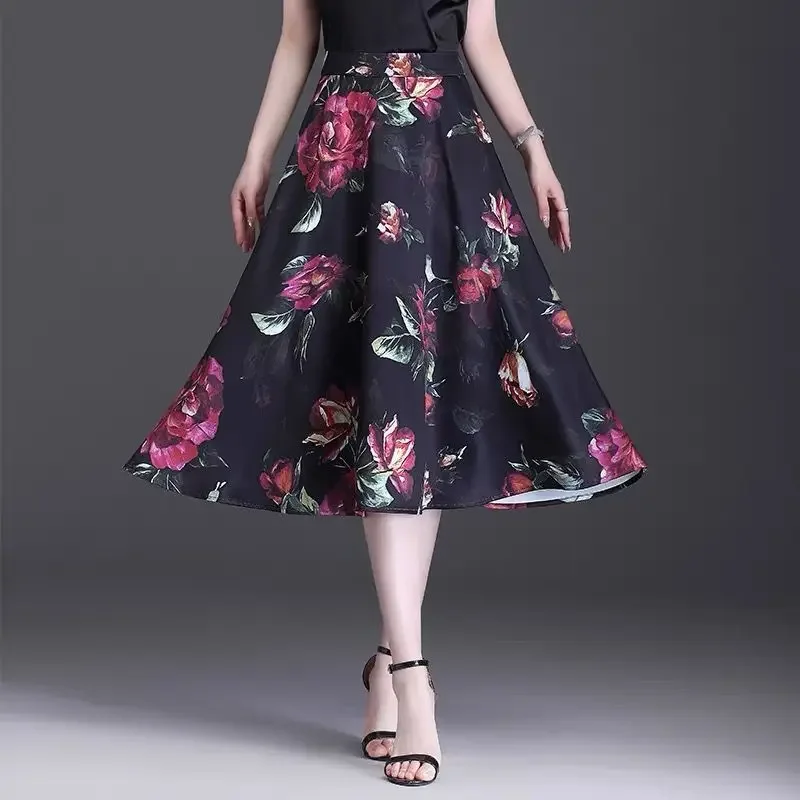 

2025 Summer New Loose Office Lady Zipper High Waist Skirts Fashion Printed Pockets Elegant Floral Skirts Women's Clothing