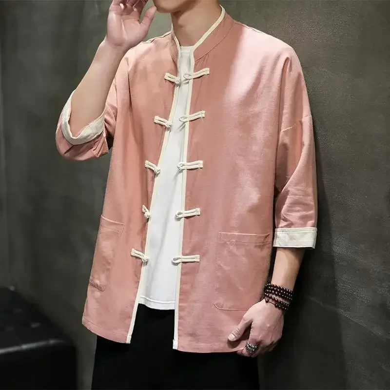 4 Color Spring Autumn Retro Cotton Linen Shirt Men Chinese Button Loose Three Quarter Sleeve Tang Suit Kung Fu Blouses Plus Size