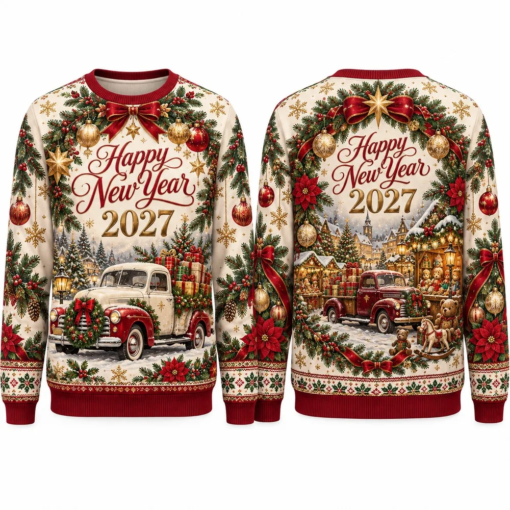 Funny Vintage Truck Christmas Tree Graphic Ugly Christmas Sweater for Happy New Year 2027 Sweaters with Snow and Ribbon Detail