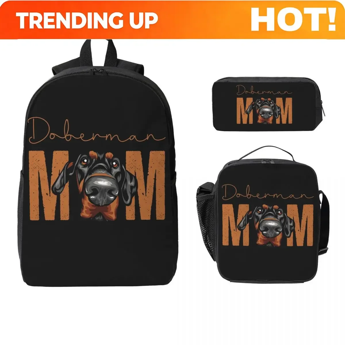 Custom Bag Doberman Mom Dog Backpack Student Boys Girls BookBag School Bag Computer Shoulder Bags 3ps Insulated Lunch Bag Pencil