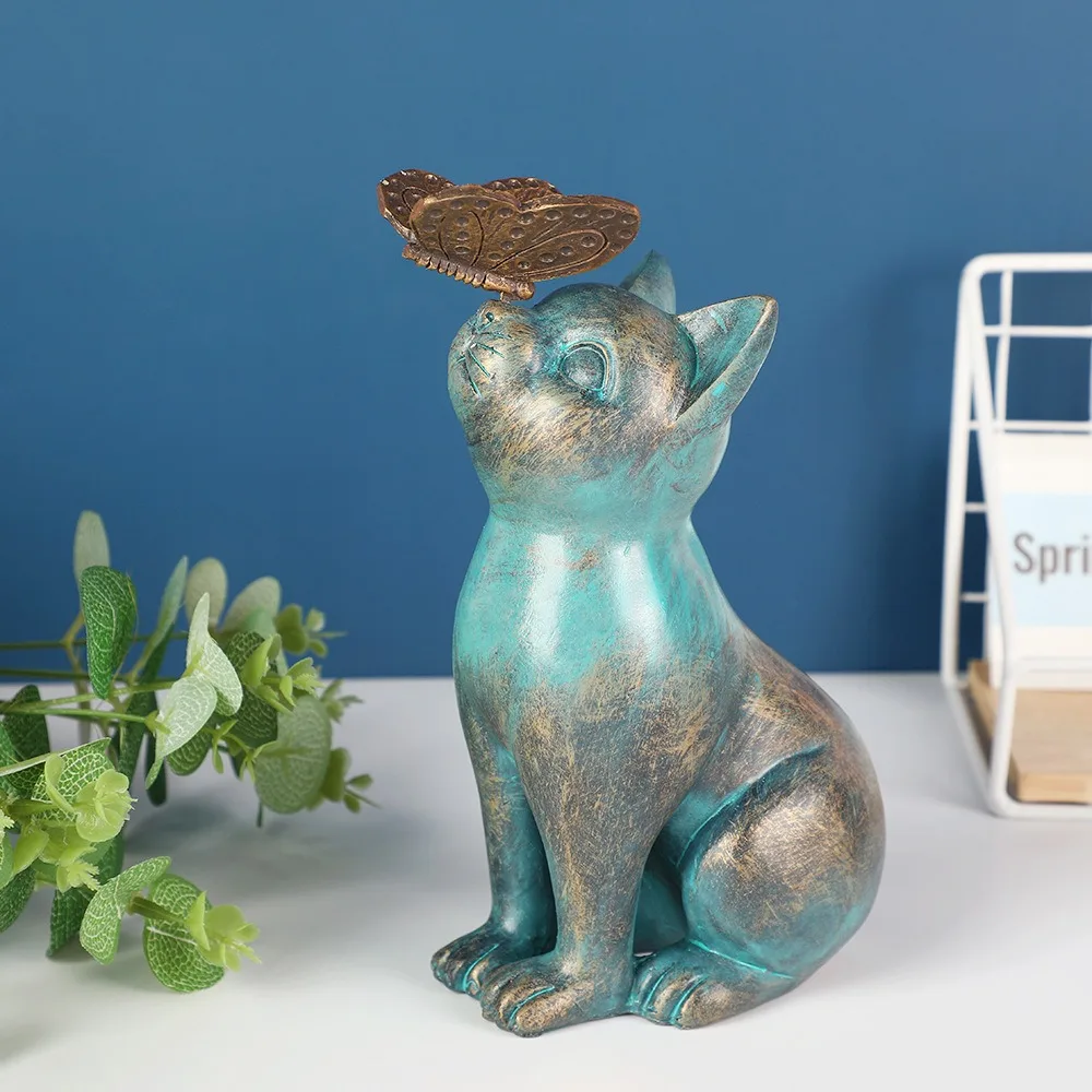 Garden Cute Cat Butterfly Resin Statues Outdoor Garden Bonsai Store Animal Sculpture Yard Home Decor Ornament