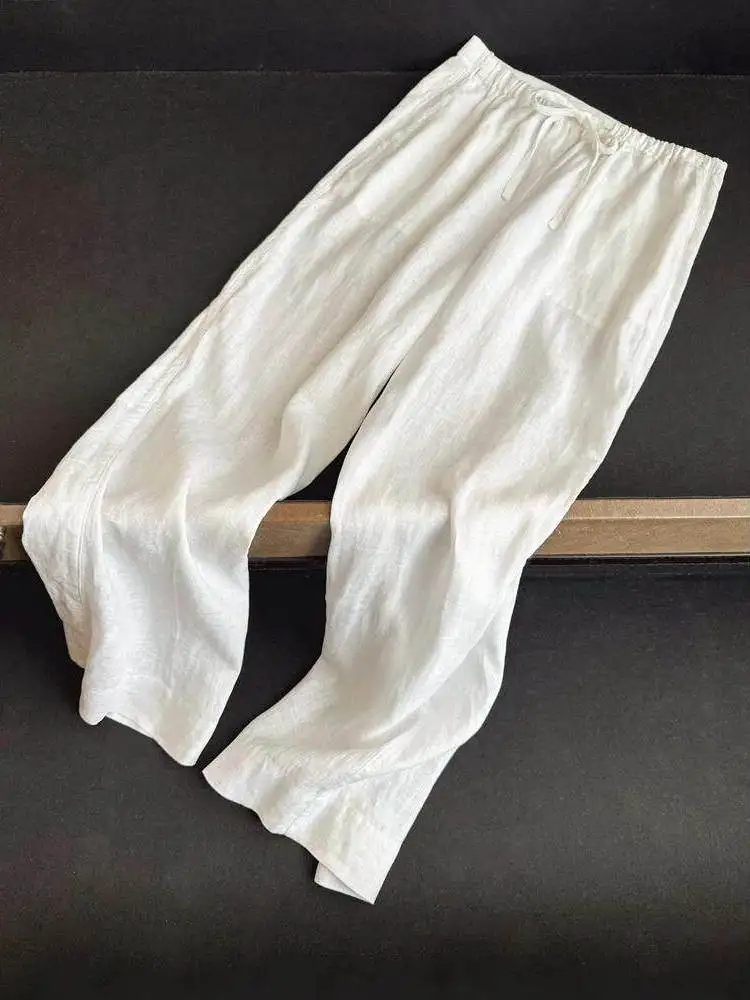 White Linen Straight Leg Pants Men Women Summer Thin Loose Casual Slimming Drapey Cotton Linen Material Pants