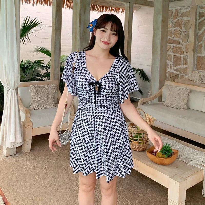 Plaid Tankini Sets One Piece Swim Dress Swimsuit Women Bathing Suits Plus Size Swimwear Boyshort Quick Dry Conservative Skirt