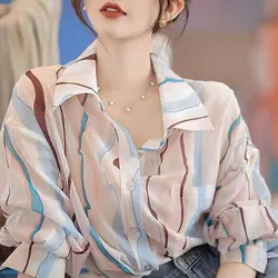 Korean Contrasting Colors Printed Blouse Single-breasted Women's Clothing Pockets Spliced Spring Autumn Long Sleeve Lapel Shirt