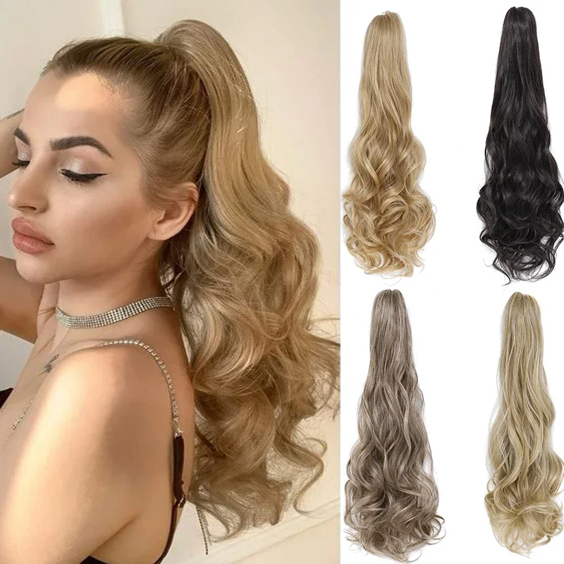 

Wave Claw Ponytail Extensions for Women Long Curly Hairpiece Ponytail 24 Inch Blonde Synthetic Wavy Clip in Horse Tail Fake Hair