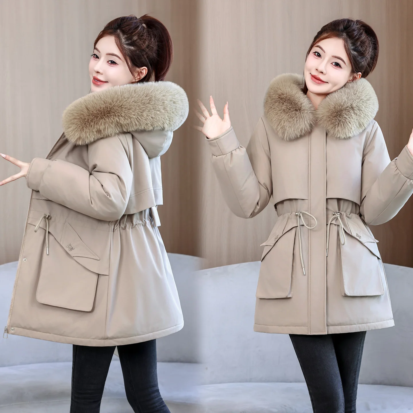 New Women's Winter Mid Length Parka Fleece Lined Slim Fit Hooded Adjustable Waist Quilted Coat Warm Wind Resistant Outer Garmen