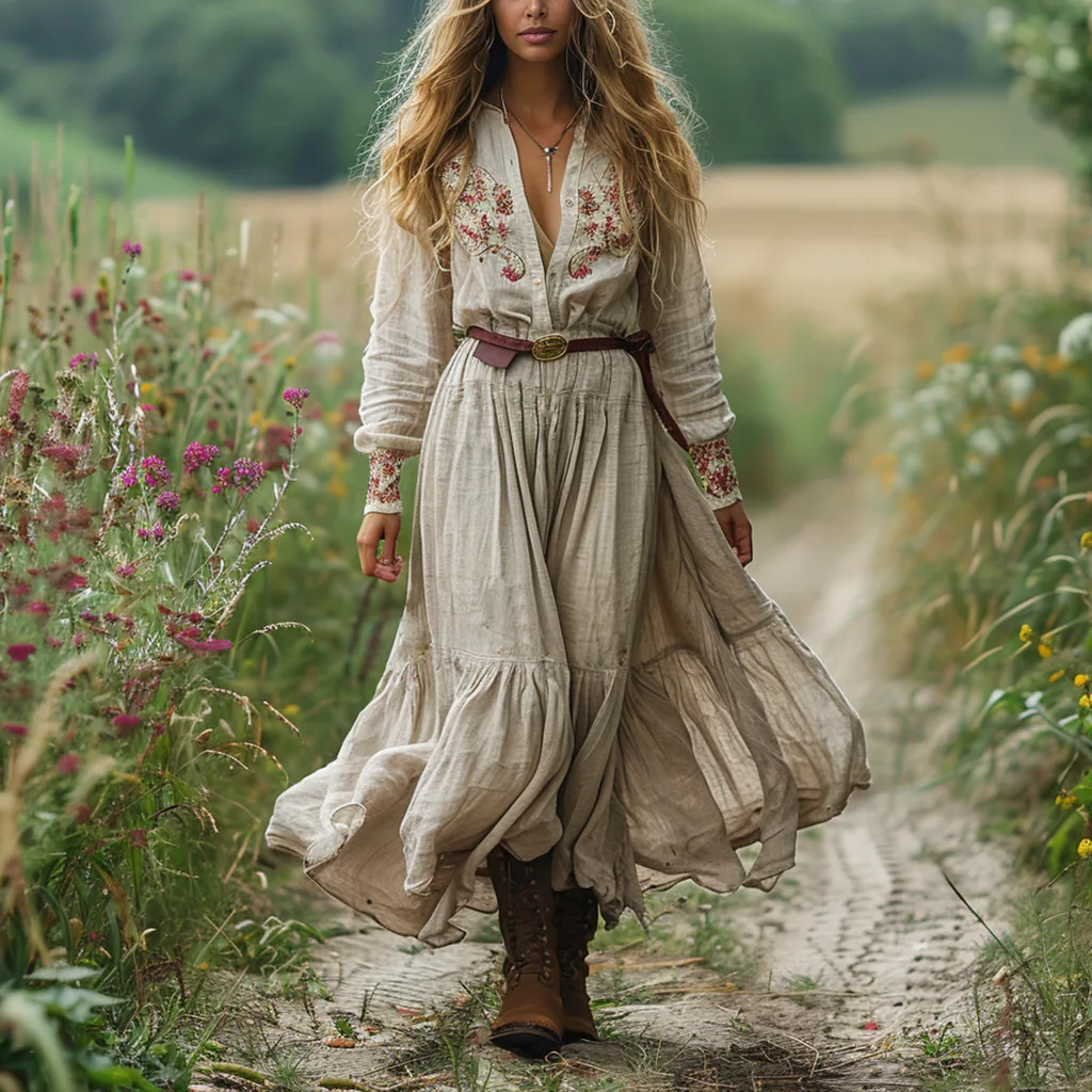 

2025 Hot-Selling Women's Vintage V-Neck Country Style Printed Long-Sleeve Dress