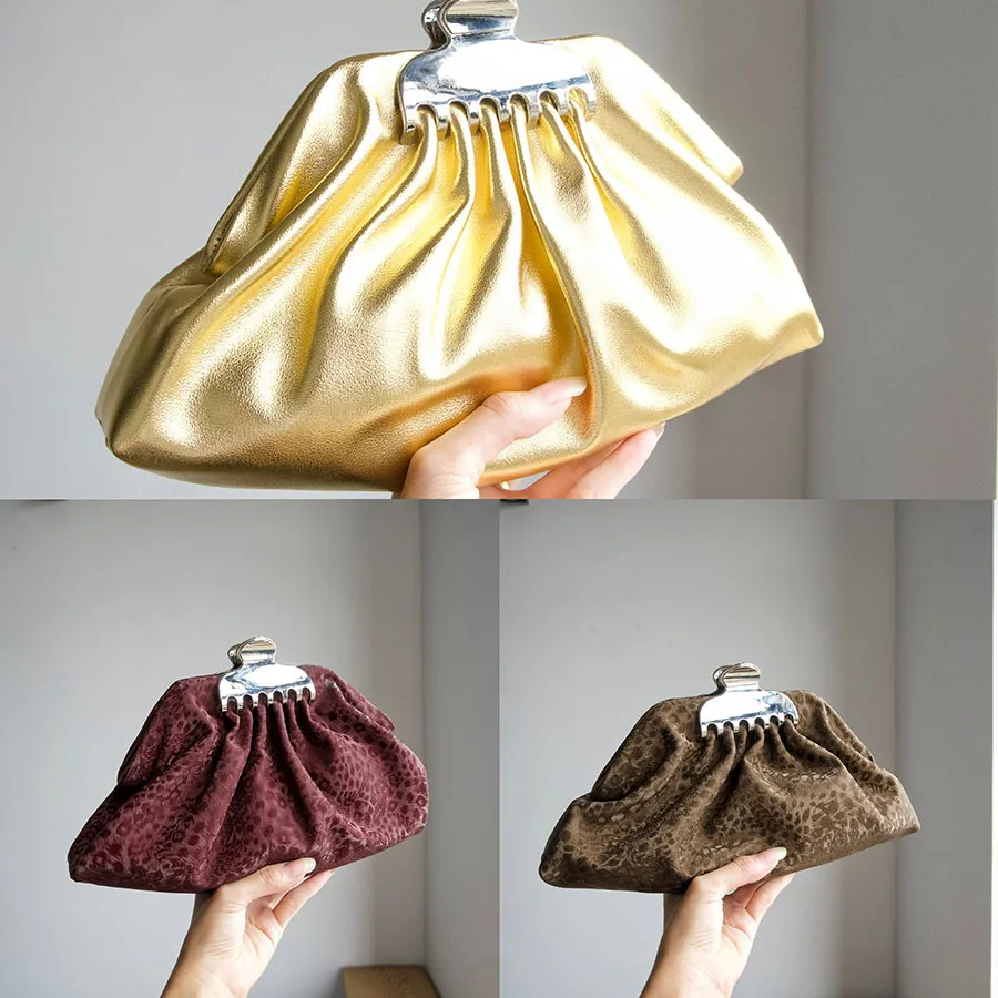 Gilt leopard print pleated cloud dinner bag grab clip metal lock creative chic soft dinner bag