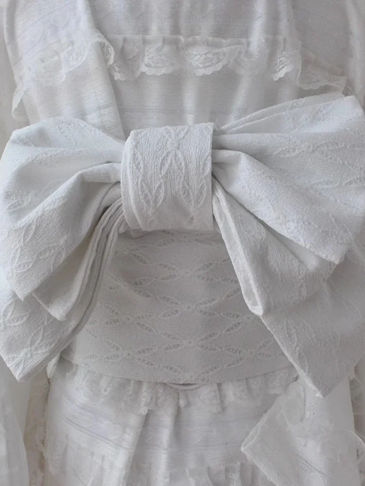 Women Japanese Kimono Lace Obi White Color Brocade Bow Shaped Girdle Yukata Accessories Dress Decorative Waistband