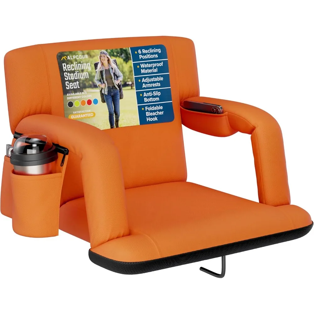 

Tool Reclining Stadium Seat – Wide Bleacher Chair with Back Support and Cushion, Armrests, Side Pockets, and Bleachers Hook