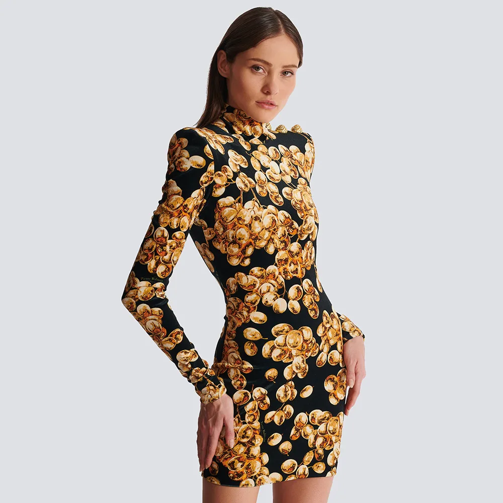 

Elegant Gold Velvet Long Sleeve Slim Fit Dress Autumn New Style Women's Fashion Short Skirt Velvet Material Citywalk Dress