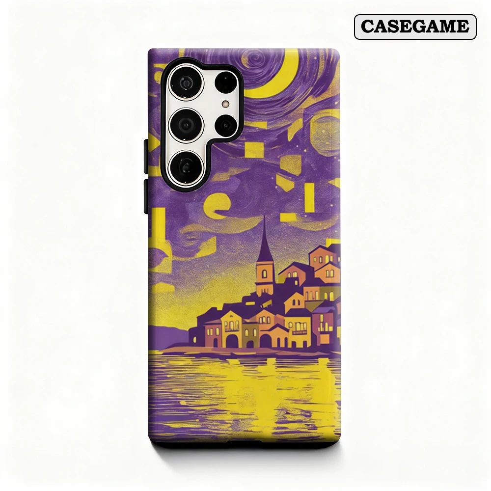 Casegame Phone Case for Samsung Galaxy S26 S25 Ultra S24 S23 Plus Shockproof Double Layer Tough Back Purple Starry Town Cover