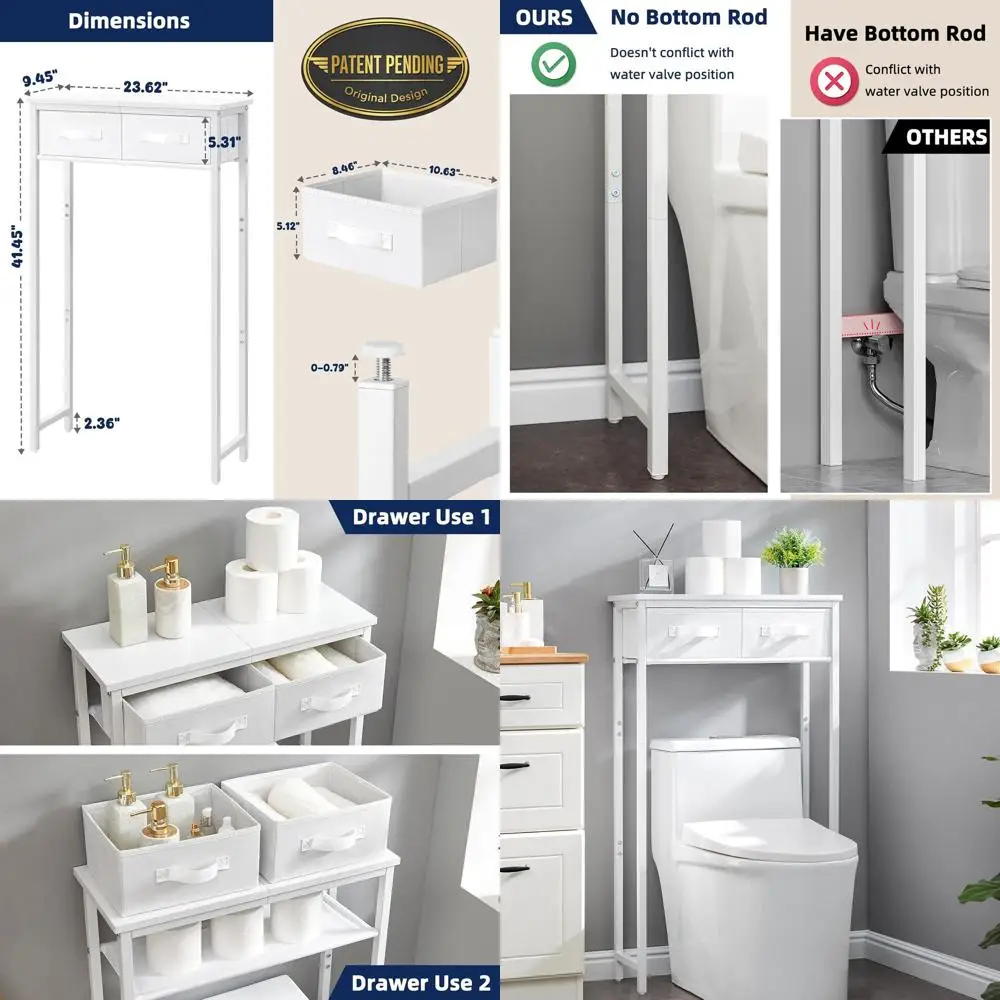 

Напольный двухуровневый стеллаж для туалета с тканевыми ящиками - компактный металлический органайзер для небольших ванных комнат, белый