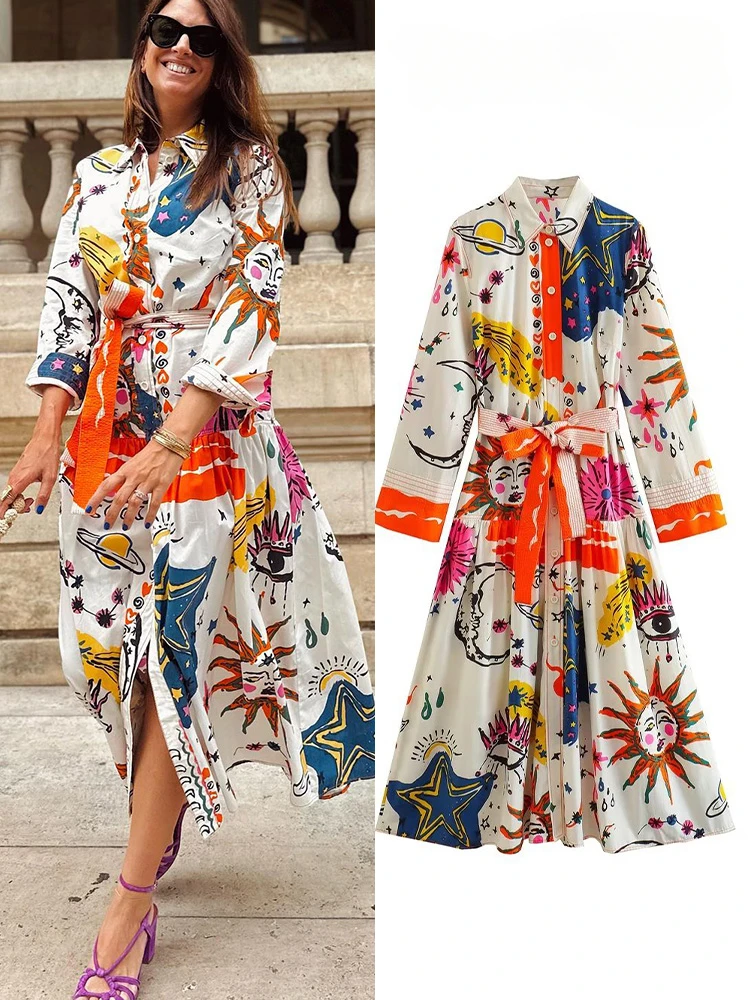 

Women 2024 New Summer Bohemian Dresses Printed Lace-Up Long Sleeve Single Breasted Female Loose Dress for Beach Party